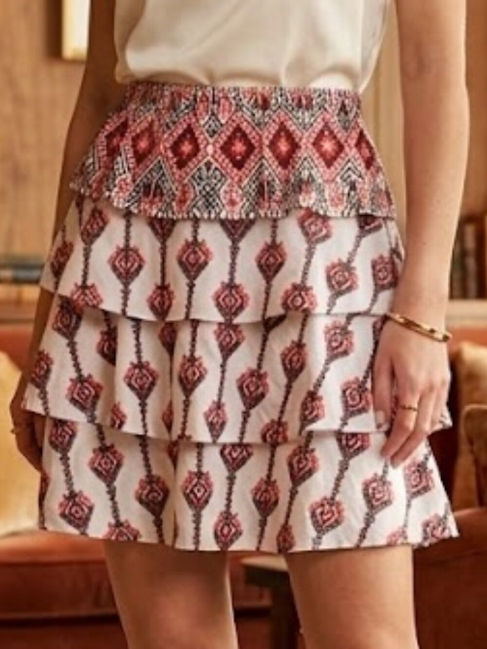 Caroline Constas White Skirt with Red and Black Geometric Print NWOT